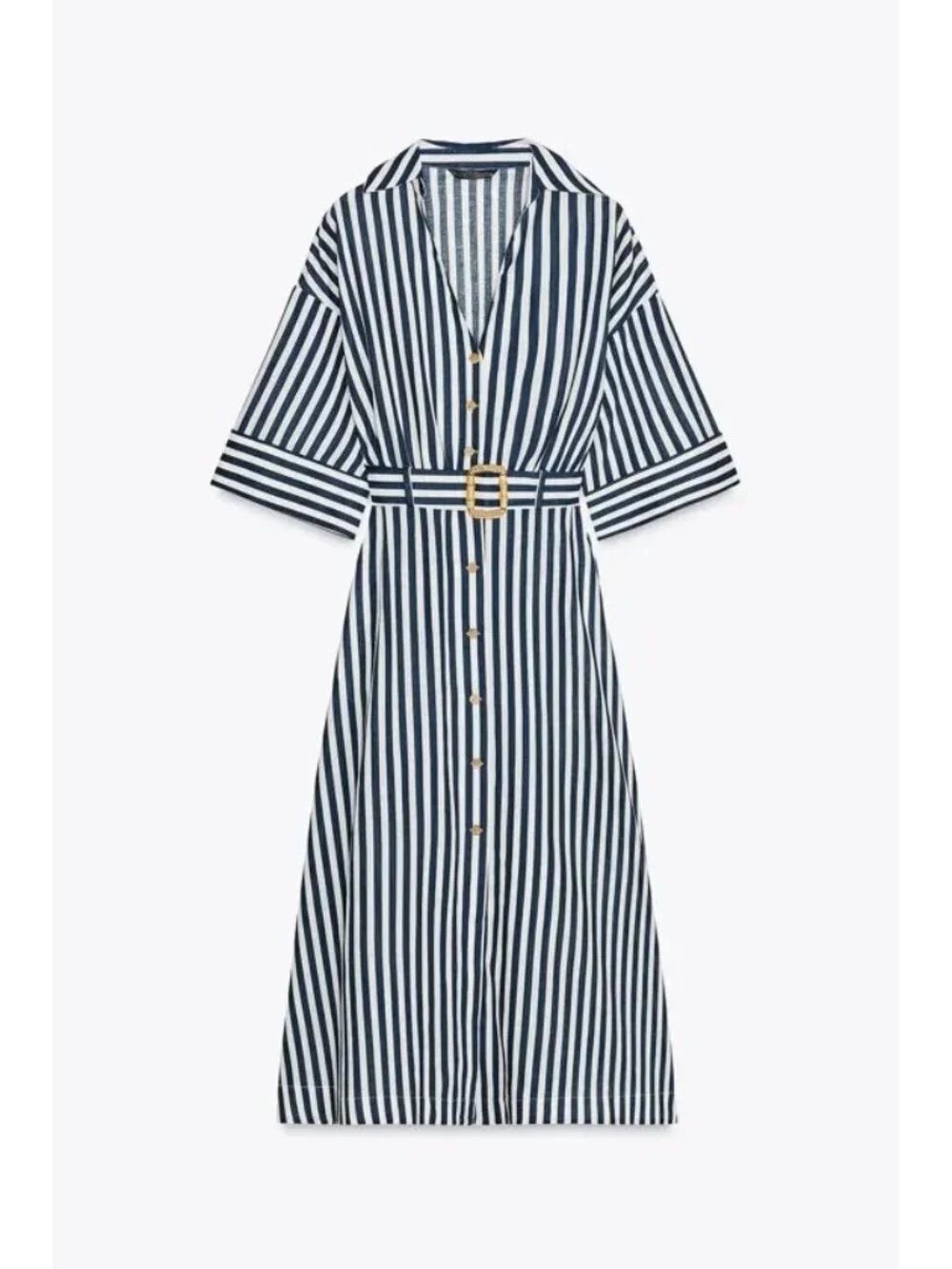 Zara Women Shirt Dress L Blue White Striped Linen Blend Belted Midi 3657/667 NWT